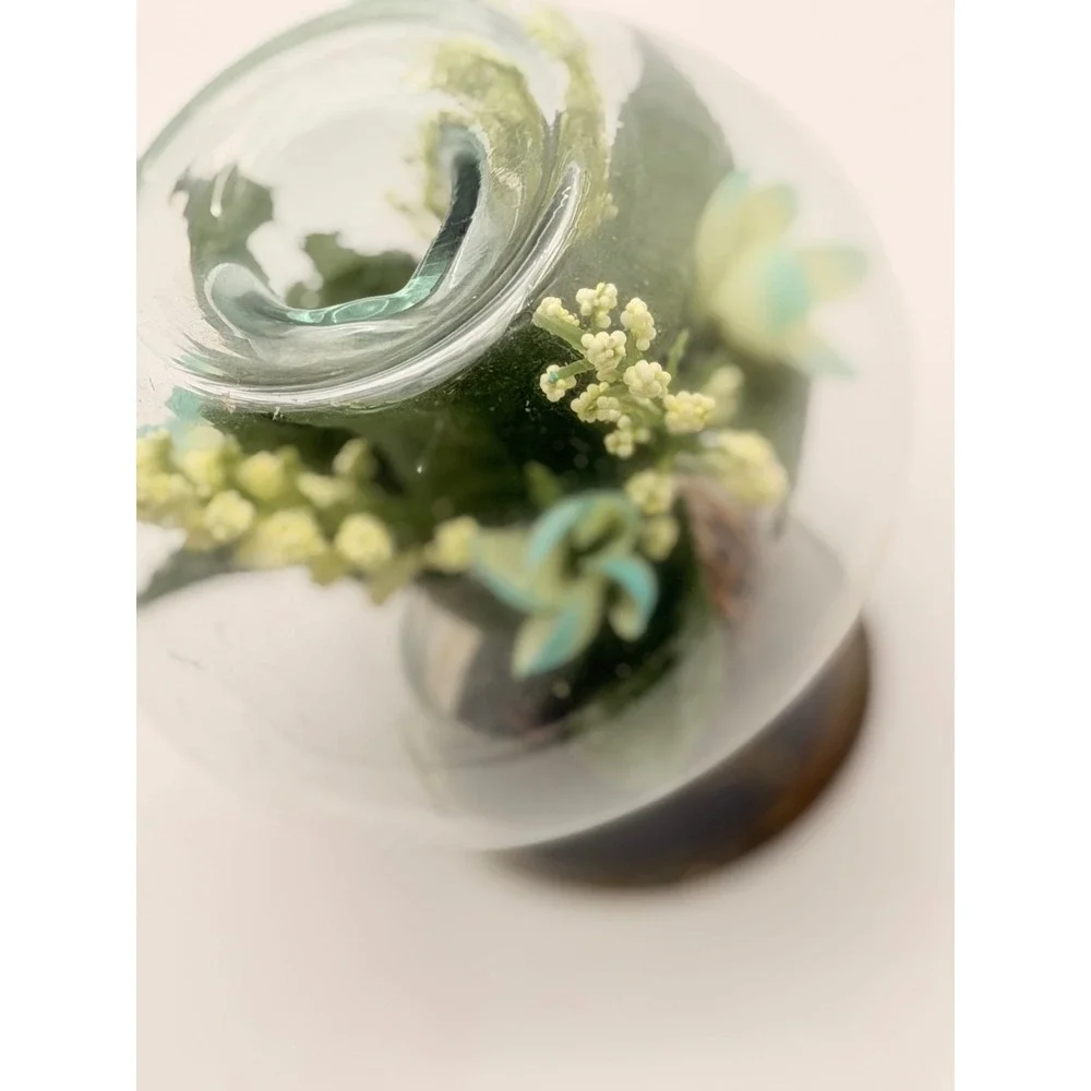 Vintage Glass Globe Terrarium Candle Holder Faux Floral Blue White Flowers 4.5in